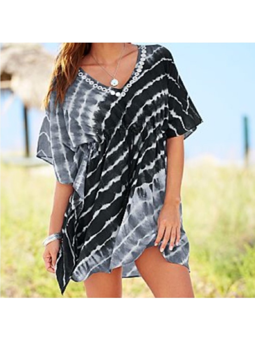 Venus Black & White Tie-Dye V-Neck Cotton Cover-Up Top One Size Fits All